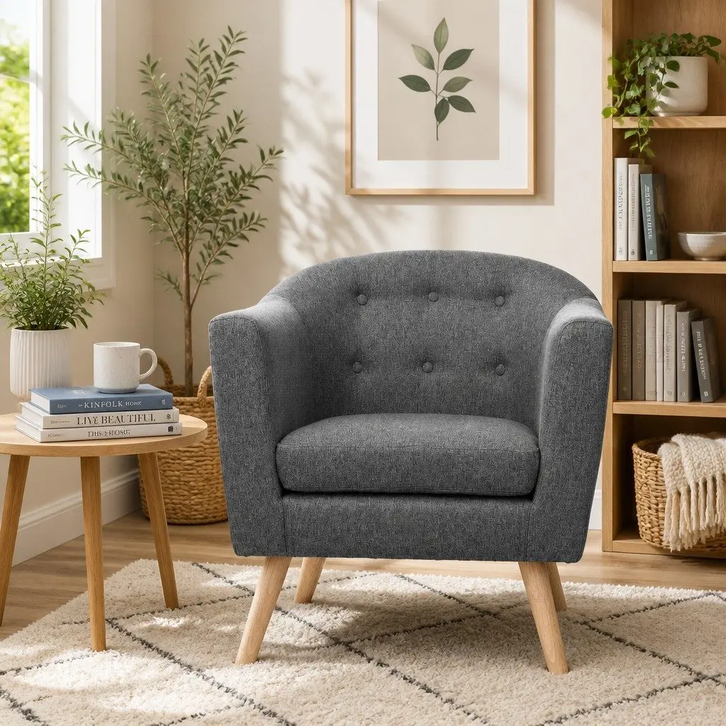Armchair Tufted Upholstered Faux Linen Fabric Full Size Grey Wooden Frame Foam Padding