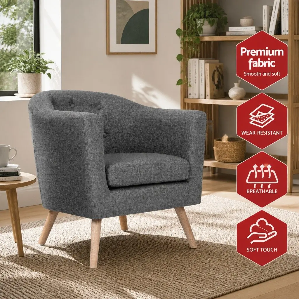 Armchair Tufted Upholstered Faux Linen Fabric Full Size Grey Wooden Frame Foam Padding