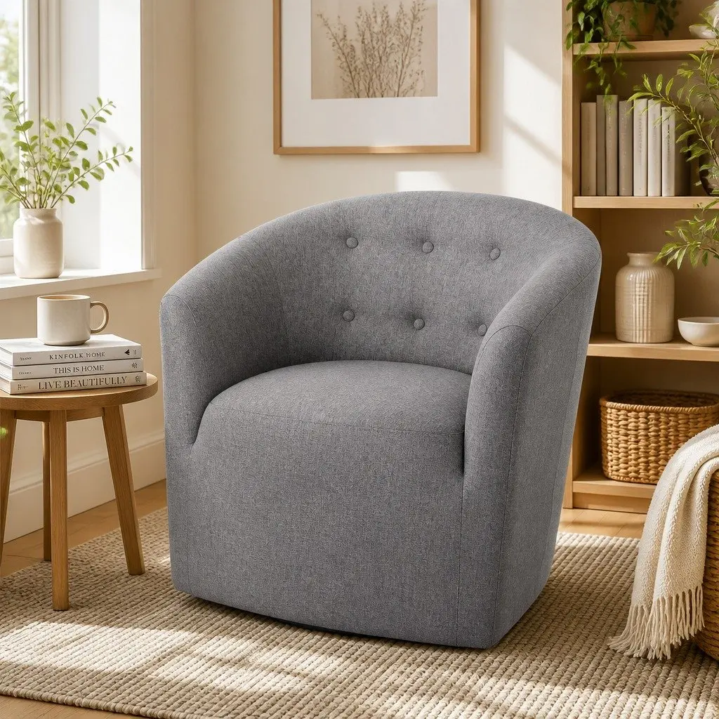Armchair Tufted Upholstered Faux Linen Fabric Full Size Grey Wooden Frame Foam Padding