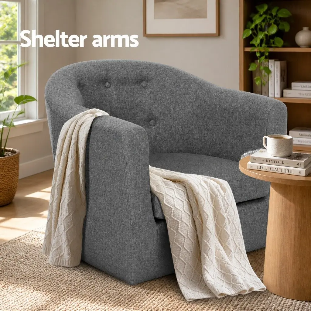 Armchair Tufted Upholstered Faux Linen Fabric Full Size Grey Wooden Frame Foam Padding