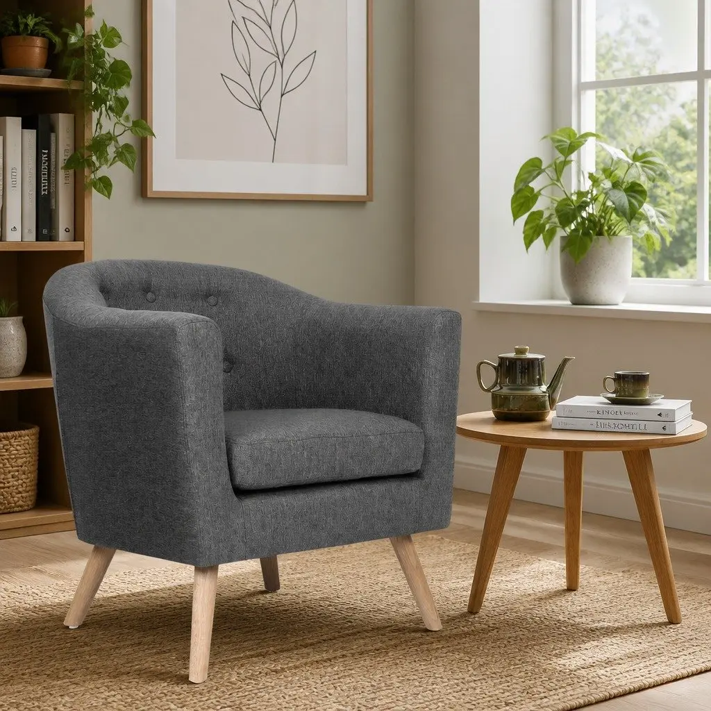 Armchair Tufted Upholstered Faux Linen Fabric Full Size Grey Wooden Frame Foam Padding