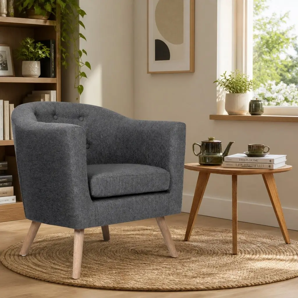 Armchair Tufted Upholstered Faux Linen Fabric Full Size Grey Wooden Frame Foam Padding