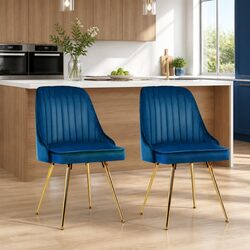 Dining Chairs Set of 2 Blue Velvet Channel Tufted with Metal Legs