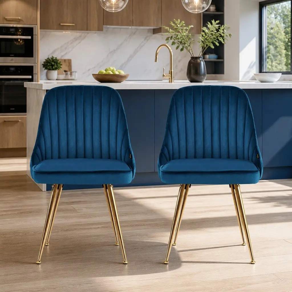 Dining Chairs Blue Velvet Channel Tufted Metal Legs 2 Piece