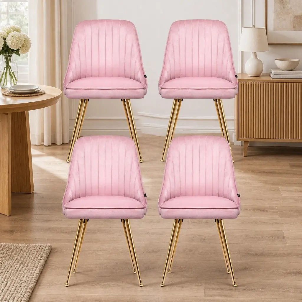 Dining Chairs Velvet Channel Tufted 4 Piece Pink Scallop Shell Back Metal Legs
