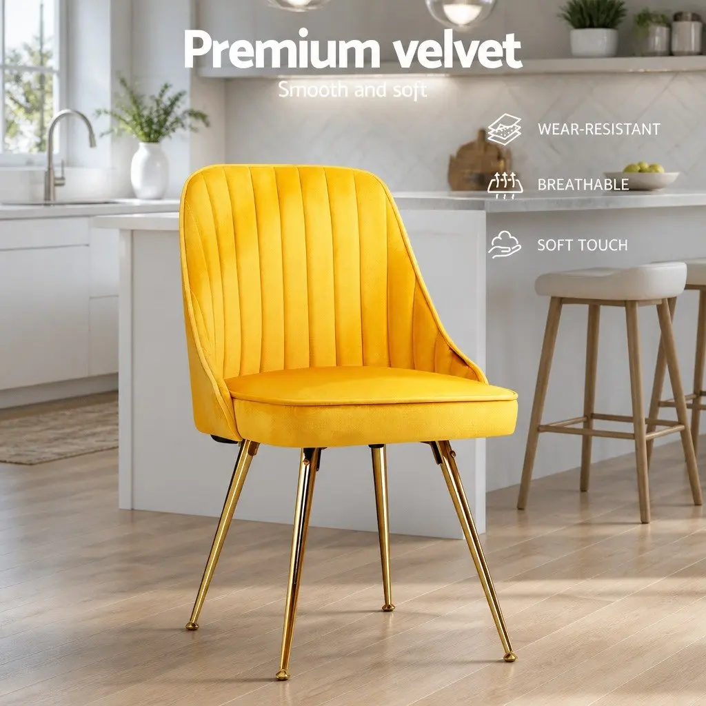 Dining Chairs Set of 2 Velvet Channel Tufted Yellow Scallop Shell Back Metal