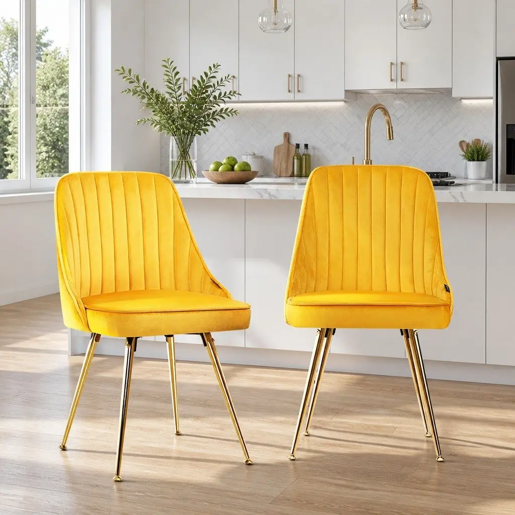Dining Chairs Set of 2 Velvet Channel Tufted Yellow Scallop Shell Back Metal