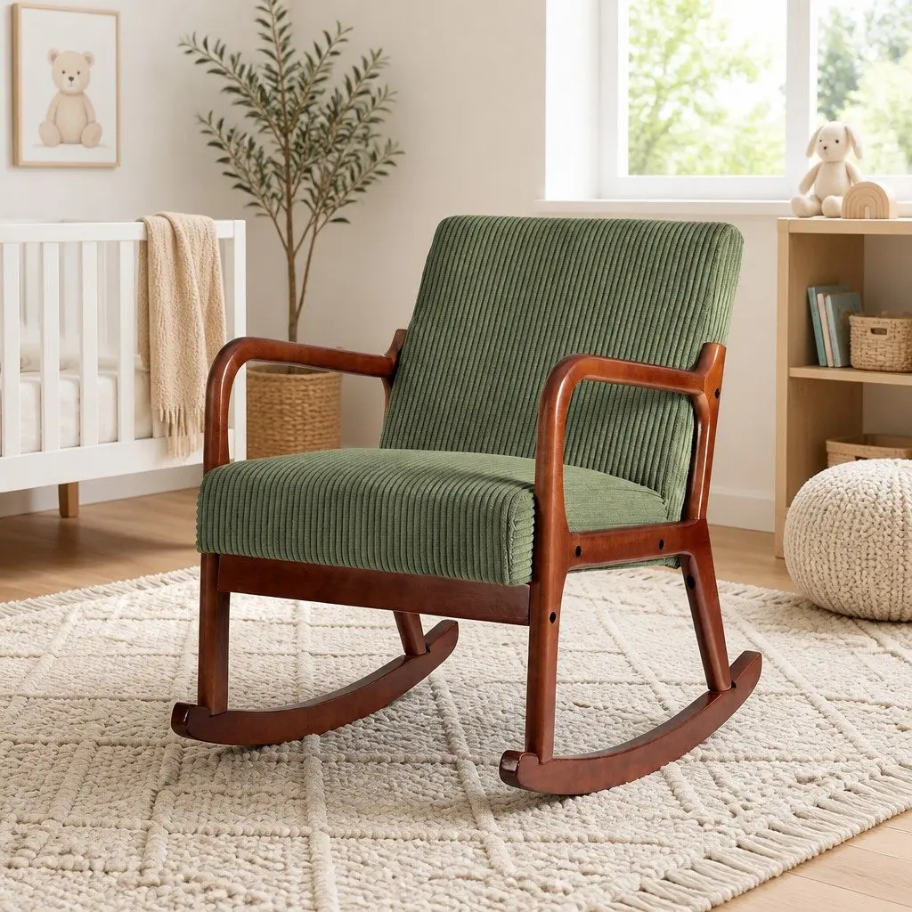 Armchair Rubber Wood Frame Green Corduroy Modern Scandinavian Style