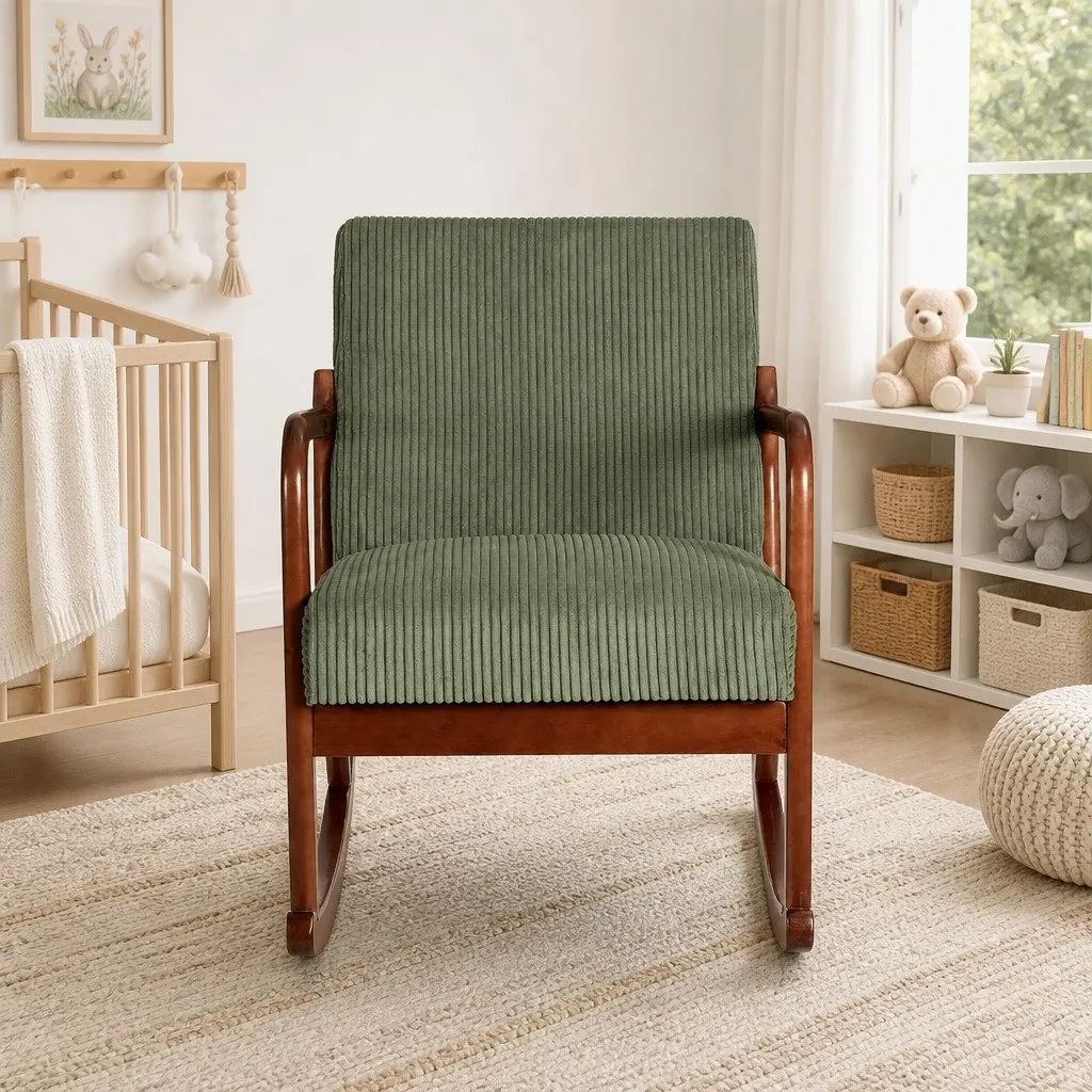 Armchair Rubber Wood Frame Green Corduroy Modern Scandinavian Style