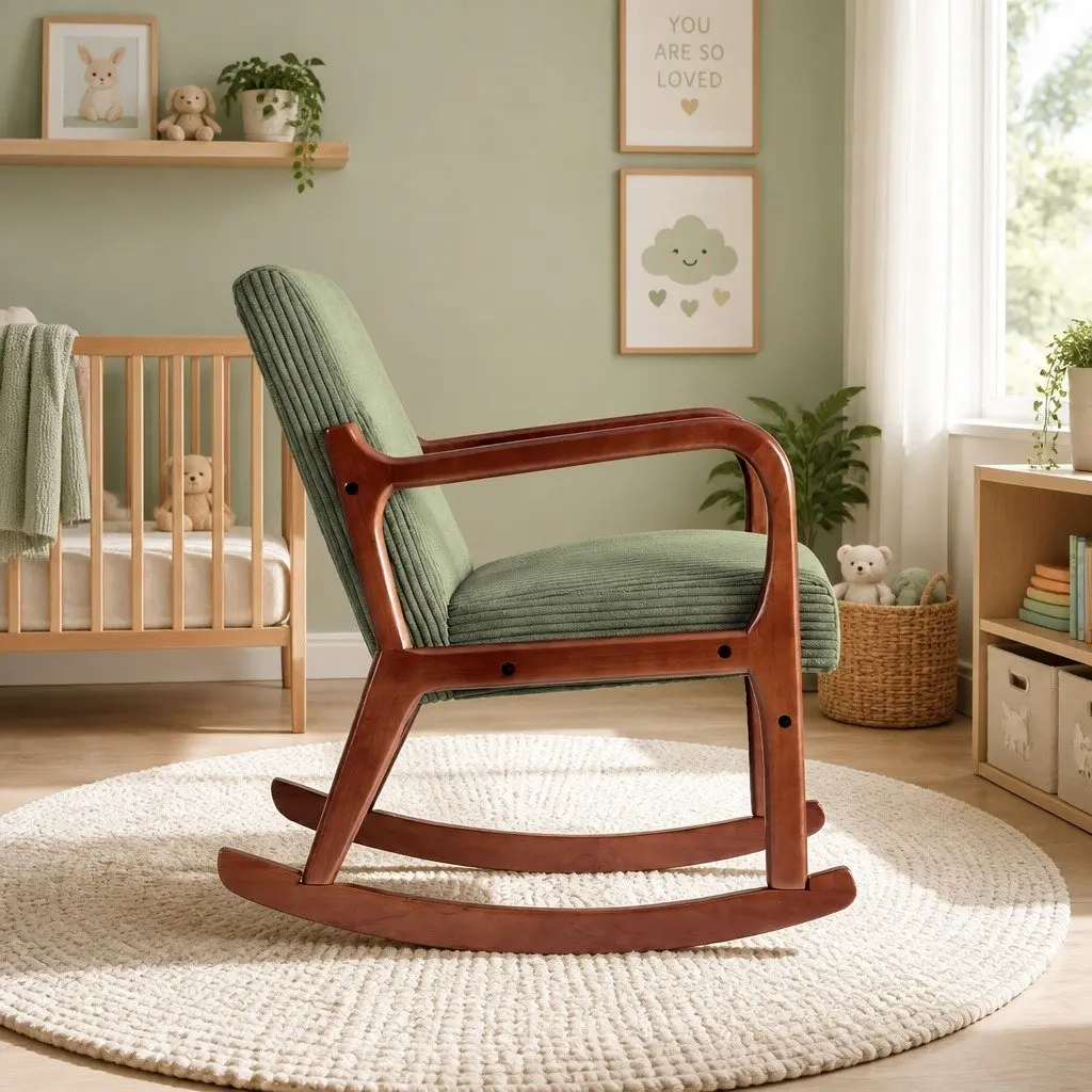 Armchair Rubber Wood Frame Green Corduroy Modern Scandinavian Style