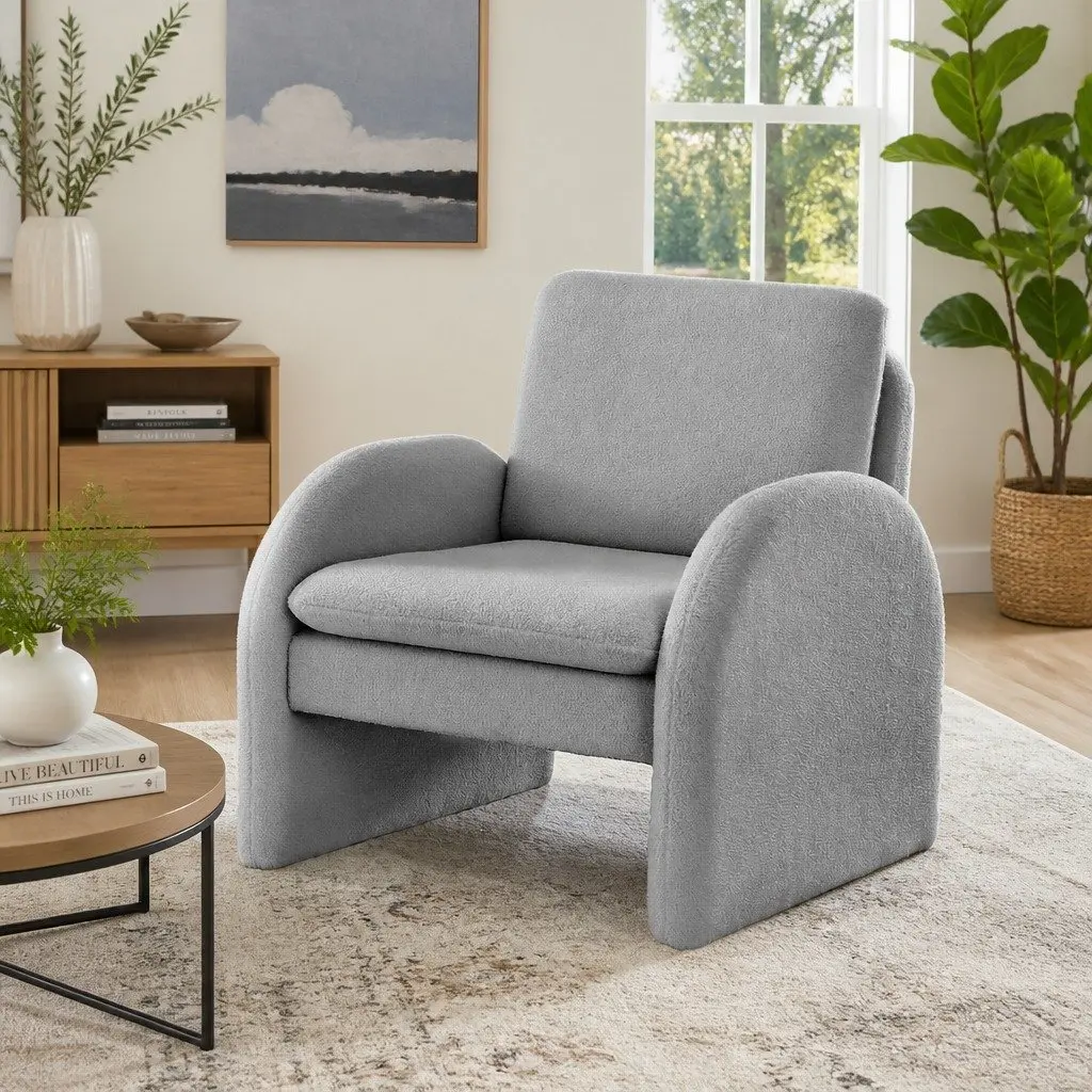 Accent Armchair Boucle Upholstery Curved Arm Grey