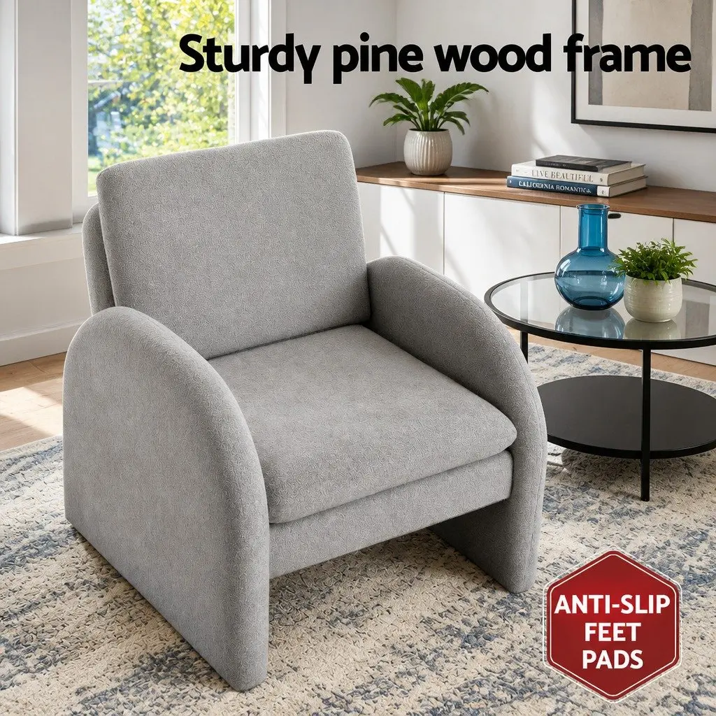 Accent Armchair Boucle Upholstery Curved Arm Grey