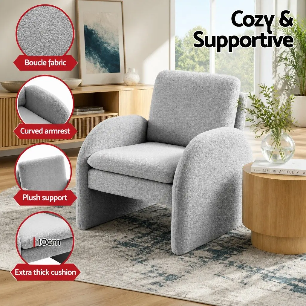 Accent Armchair Boucle Upholstery Curved Arm Grey