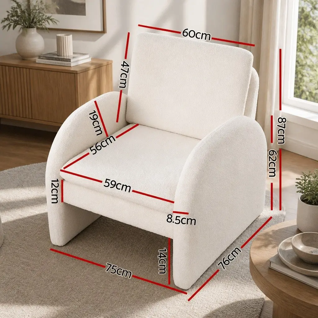 Armchair Boucle Upholstery Curved Arm White