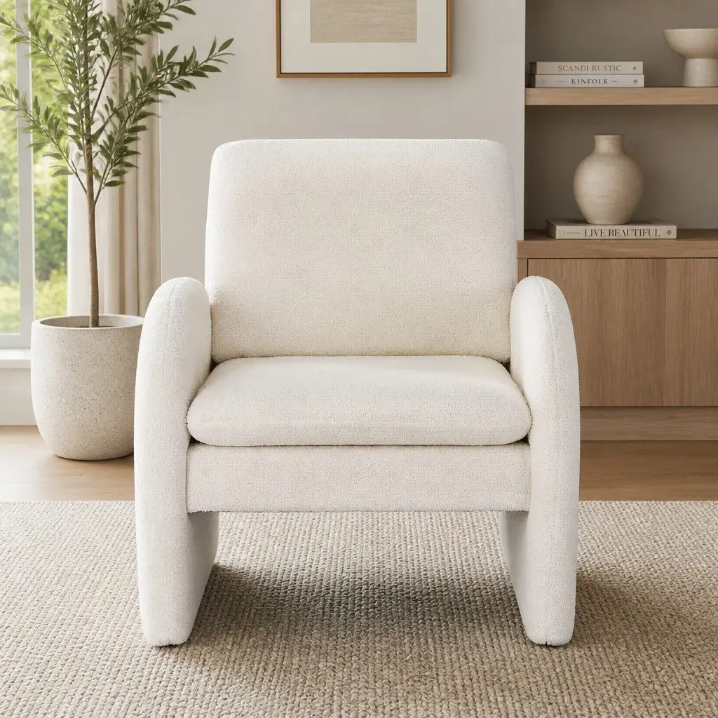 Armchair Boucle Upholstery Curved Arm White