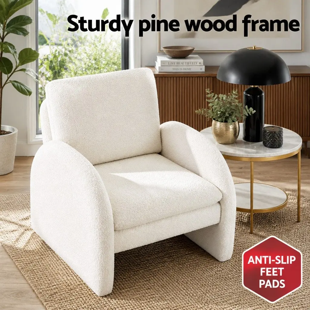 Armchair Boucle Upholstery Curved Arm White