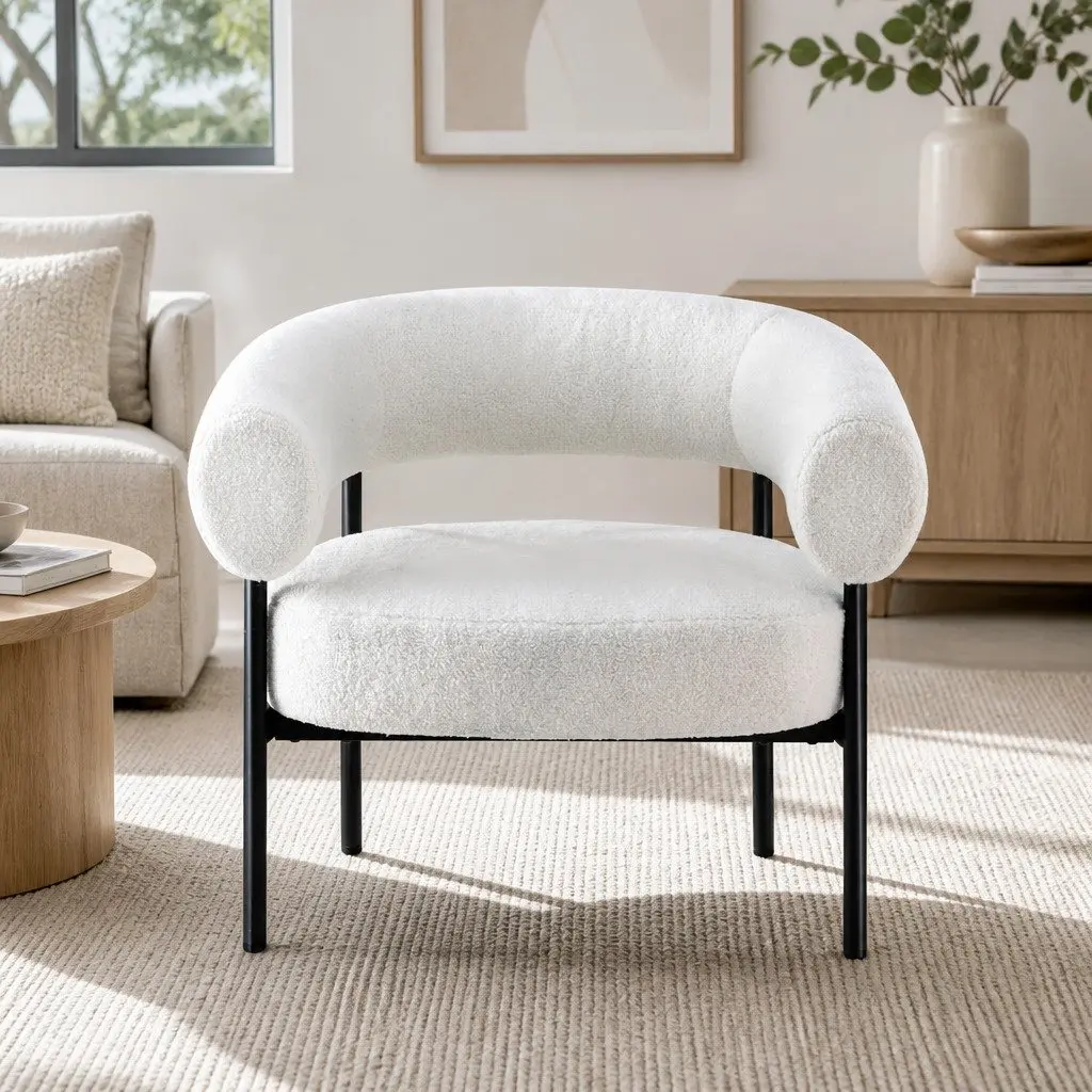 Armchair Boucle Fabric Curved White Modern Seating 80cm x 65cm x 72cm