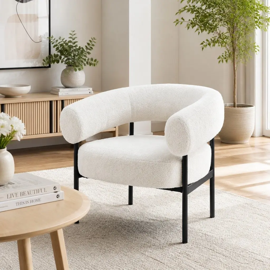 Armchair Boucle Fabric Curved White Modern Seating 80cm x 65cm x 72cm