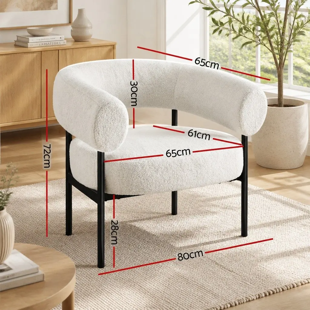 Armchair Boucle Fabric Curved White Modern Seating 80cm x 65cm x 72cm