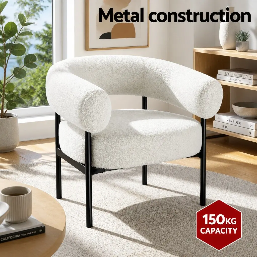 Armchair Boucle Fabric Curved White Modern Seating 80cm x 65cm x 72cm