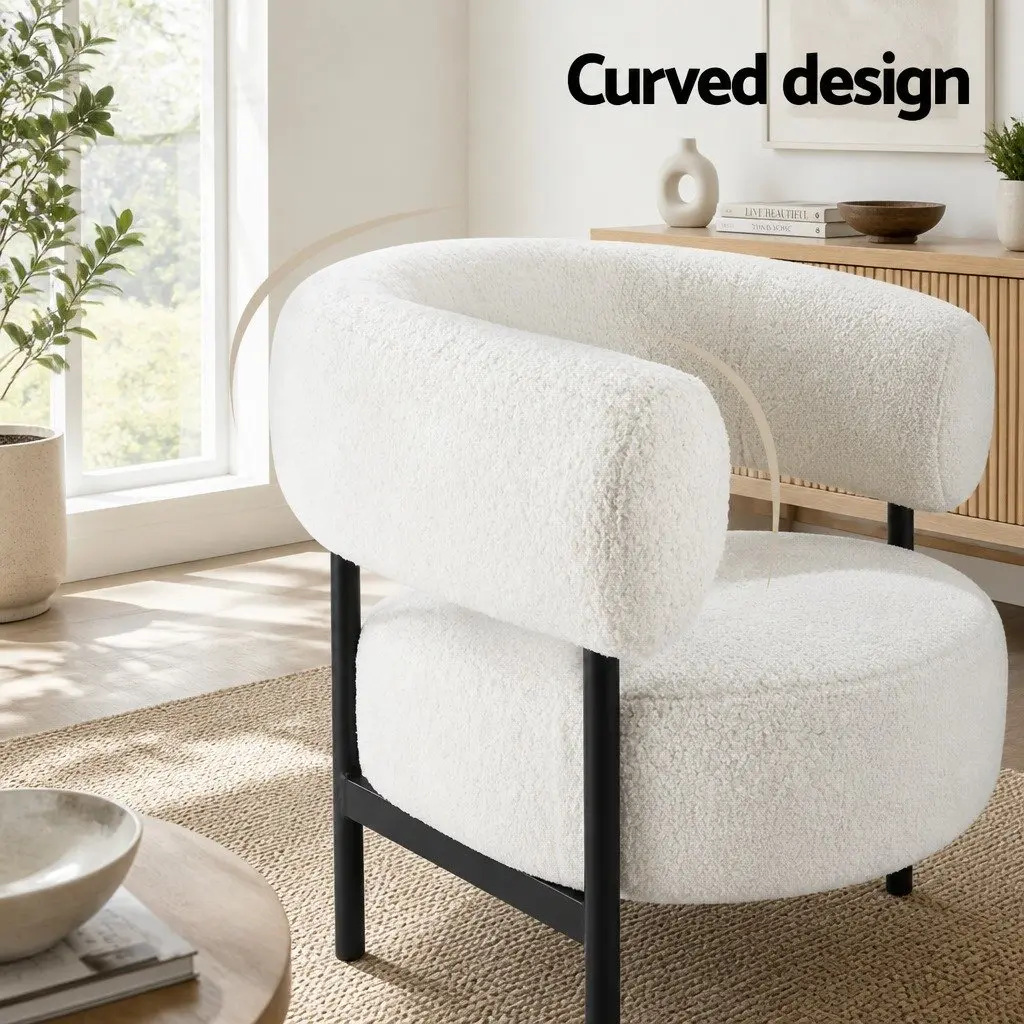Armchair Boucle Fabric Curved White Modern Seating 80cm x 65cm x 72cm