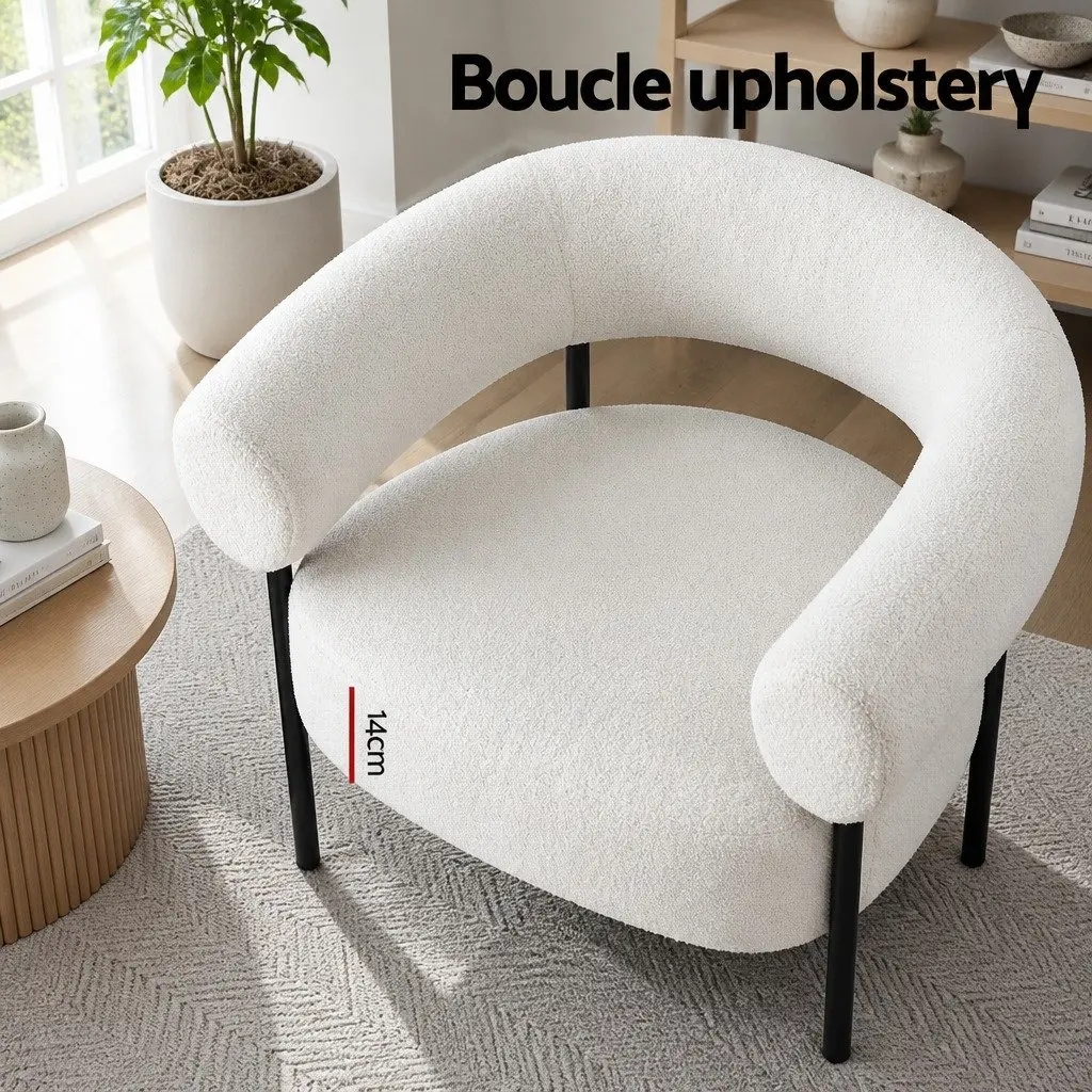 Armchair Boucle Fabric Curved White Modern Seating 80cm x 65cm x 72cm