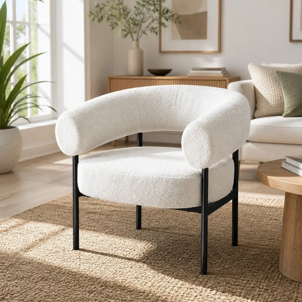 Armchair Boucle Fabric Curved White Modern Seating 80cm x 65cm x 72cm