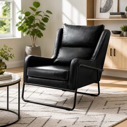 Comfortable Black Wingback Armchair with Metal Structure