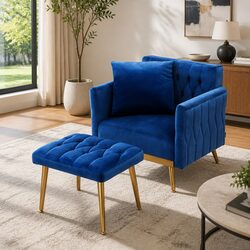 Versatile Velvet Blue Armchair with Ottoman for Living Rooms