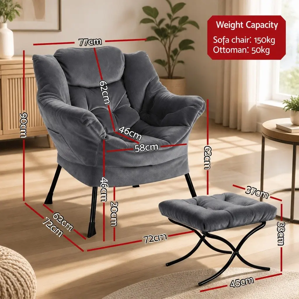 Velvet Armchair with Ottoman Footrest Grey Ergonomic Lounge Chair