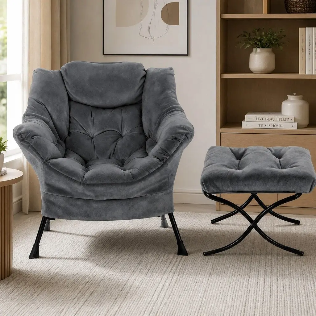 Velvet Armchair with Ottoman Footrest Grey Ergonomic Lounge Chair