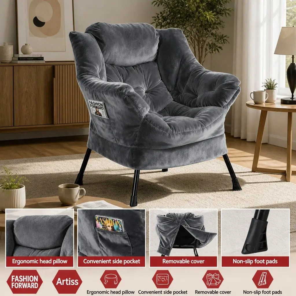 Velvet Armchair with Ottoman Footrest Grey Ergonomic Lounge Chair