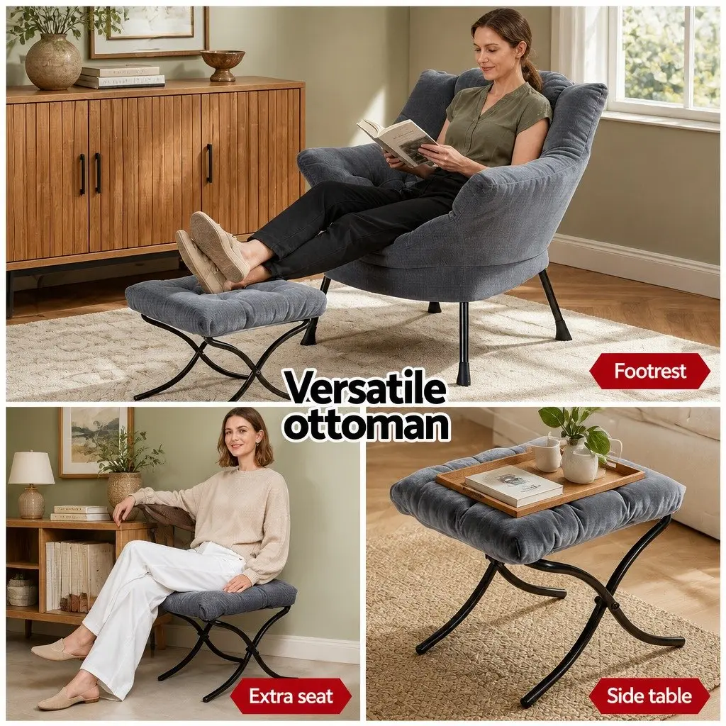 Velvet Armchair with Ottoman Footrest Grey Ergonomic Lounge Chair