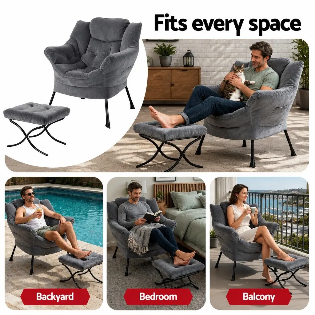 Velvet Armchair with Ottoman Footrest Grey Ergonomic Lounge Chair