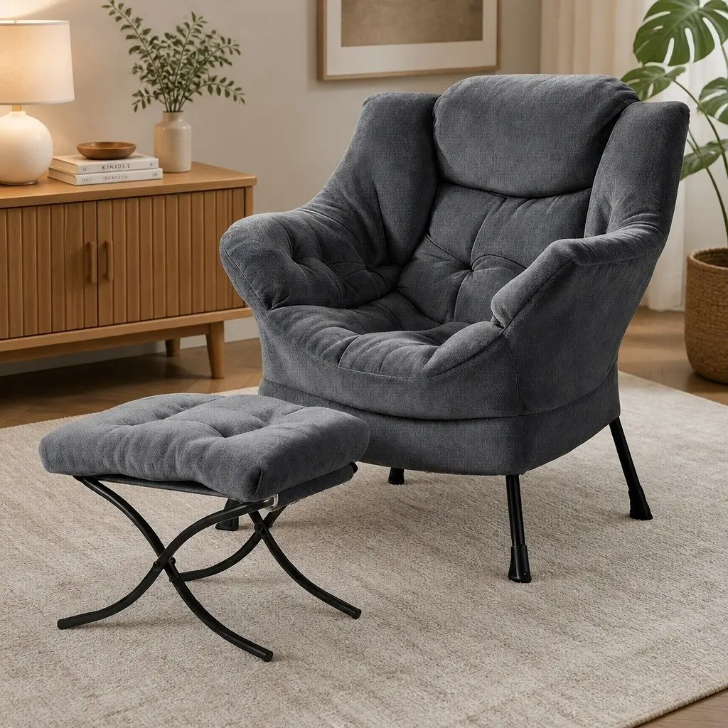 Velvet Armchair with Ottoman Footrest Grey Ergonomic Lounge Chair