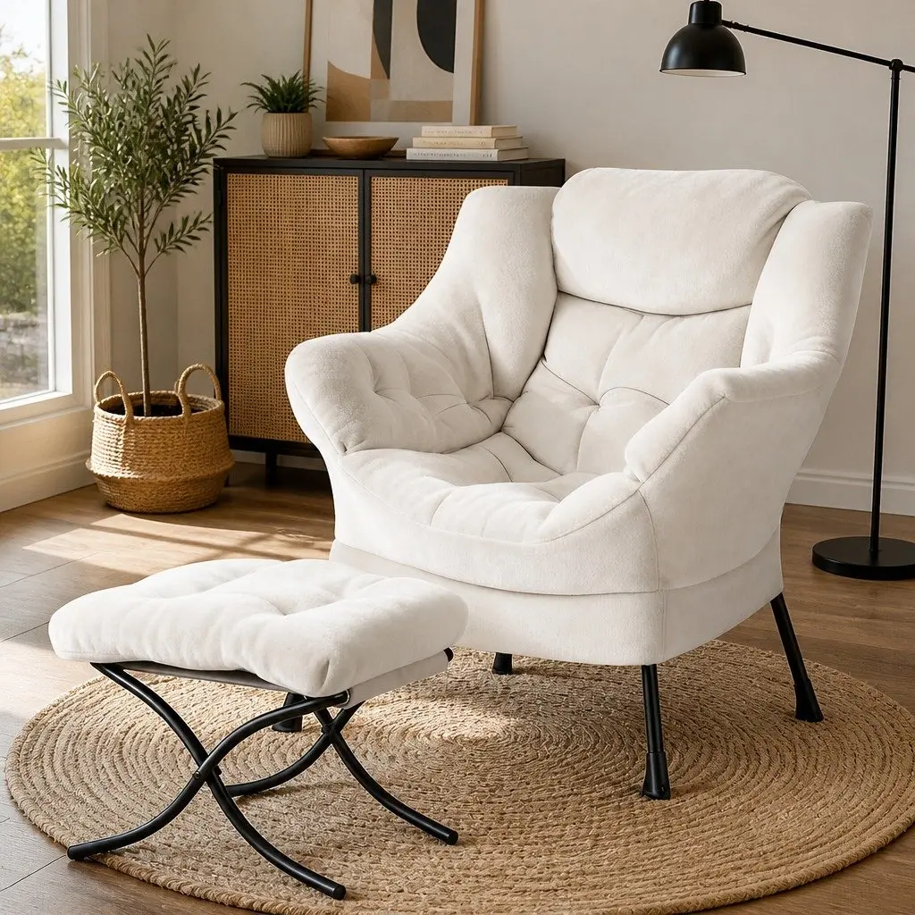 Armchair Accent Chair with Ottoman Footrest Lounge Chair Velvet Upholstery Beige