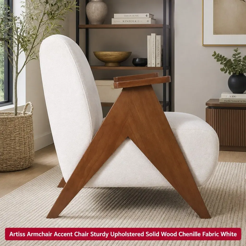 Armchair Upholstered Chenille Fabric Sturdy Wood Frame Beige Living Room