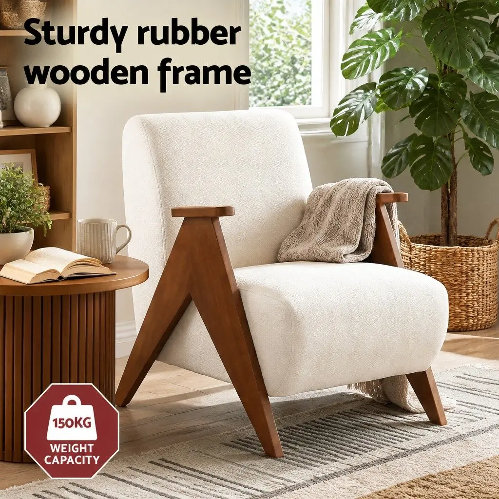 Armchair Upholstered Chenille Fabric Sturdy Wood Frame Beige Living Room