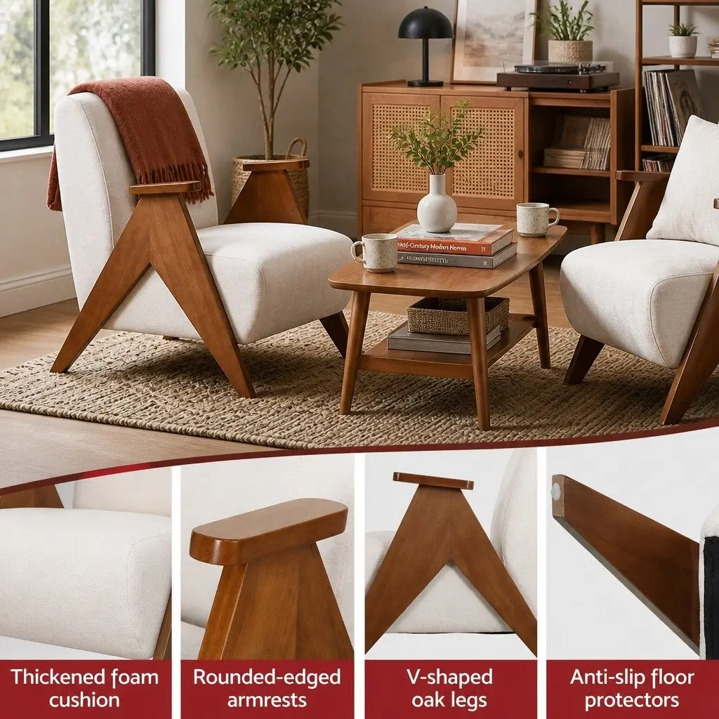 Armchair Upholstered Chenille Fabric Sturdy Wood Frame Beige Living Room