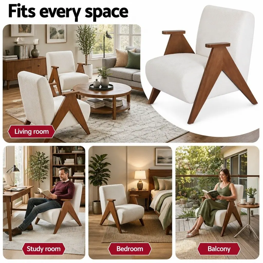 Armchair Upholstered Chenille Fabric Sturdy Wood Frame Beige Living Room