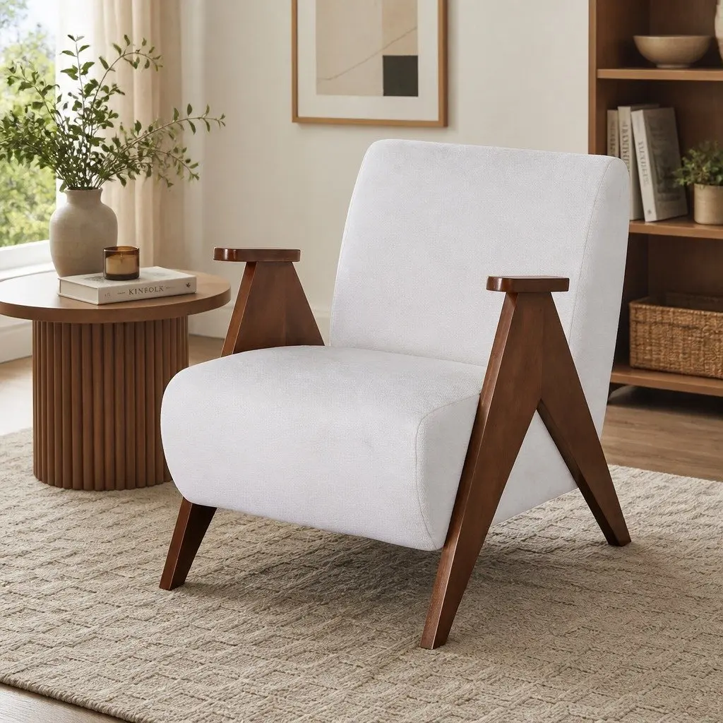 Armchair Upholstered Chenille Fabric Sturdy Wood Frame Beige Living Room