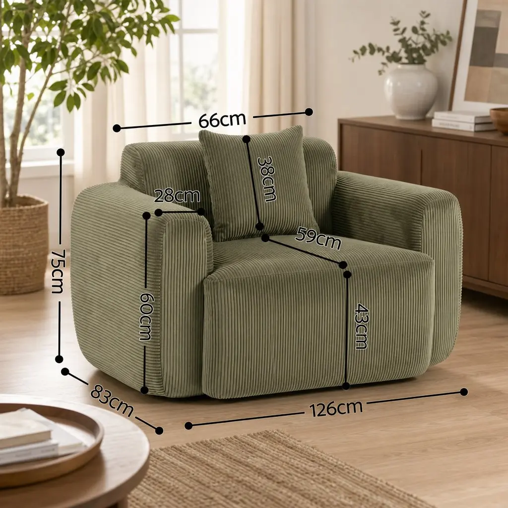 Armchair Sofa with Cushion Corduroy Frameless Design No Assembly Green