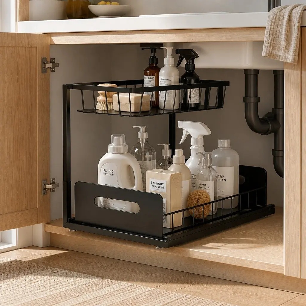 Under Sink Organizer Iron L Shape Black 34.5cm x 27cm x 27.5cm