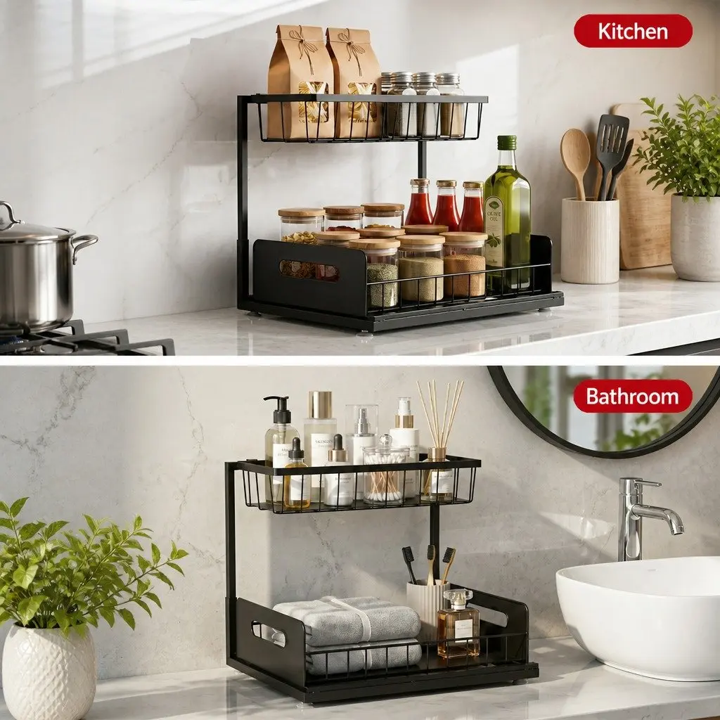 Under Sink Organizer Iron L Shape Black 34.5cm x 27cm x 27.5cm