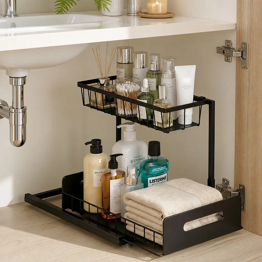Under Sink Organizer Iron L Shape Black 34.5cm x 27cm x 27.5cm