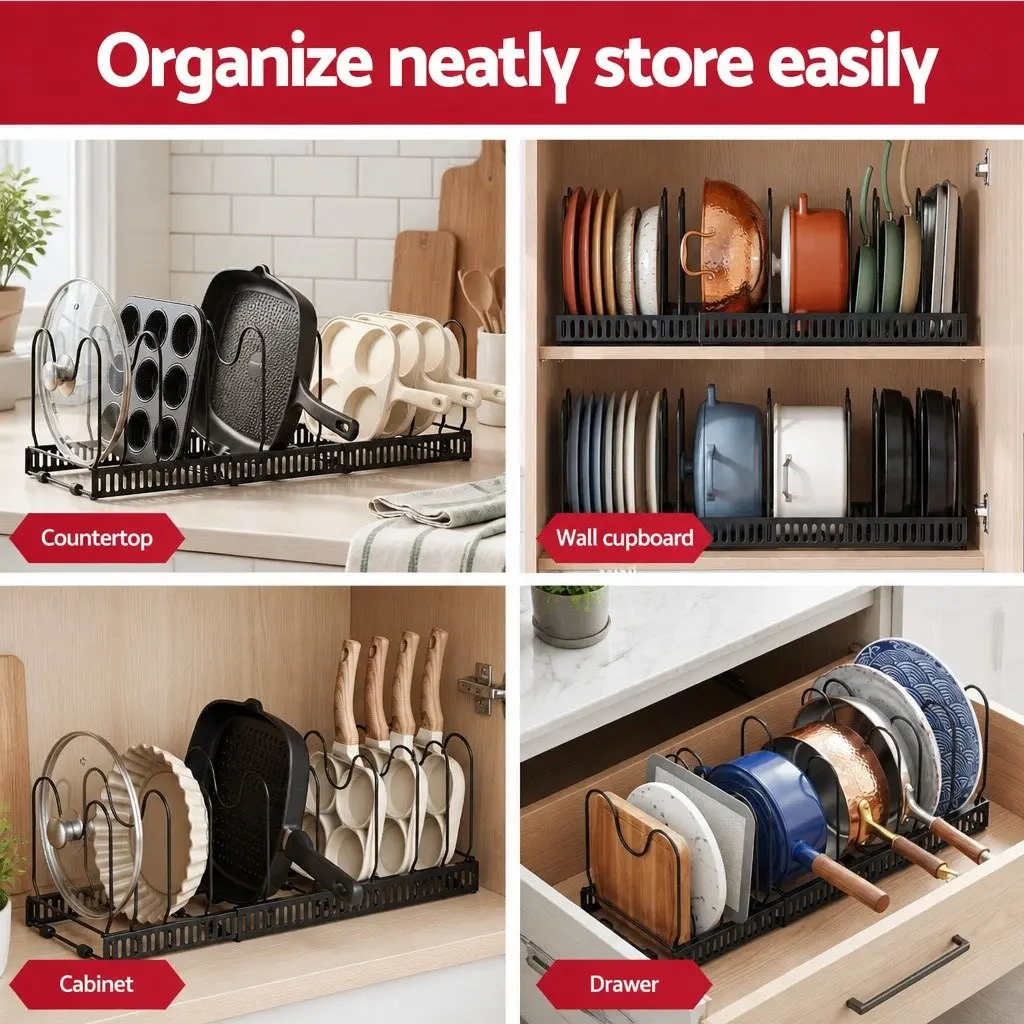 Pots and Pans Organizer Rack Expandable Iron 59cm Black