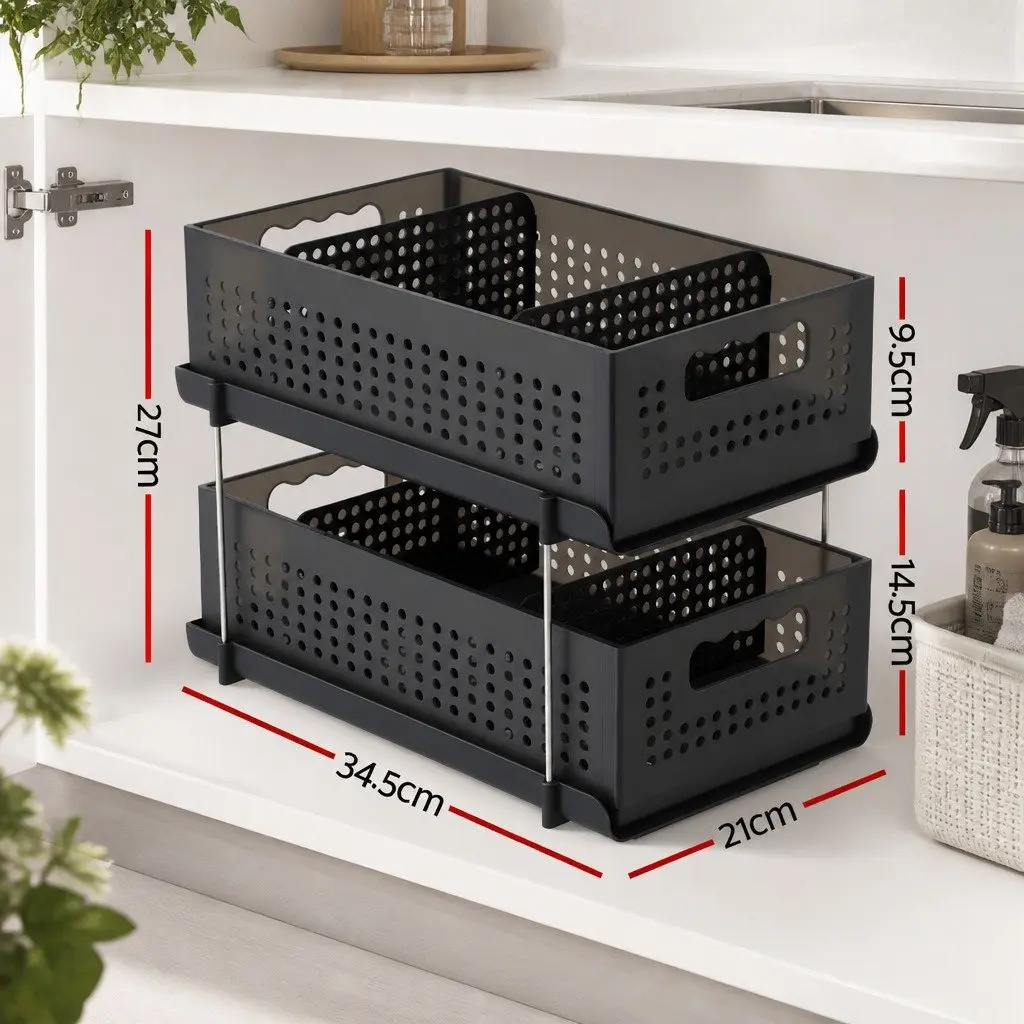 Under Sink Organizer Plastic 2 Tier 21cm Black