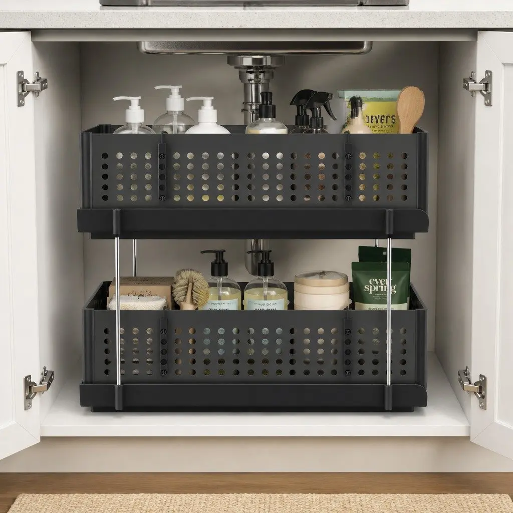 Under Sink Organizer Plastic 2 Tier 21cm Black