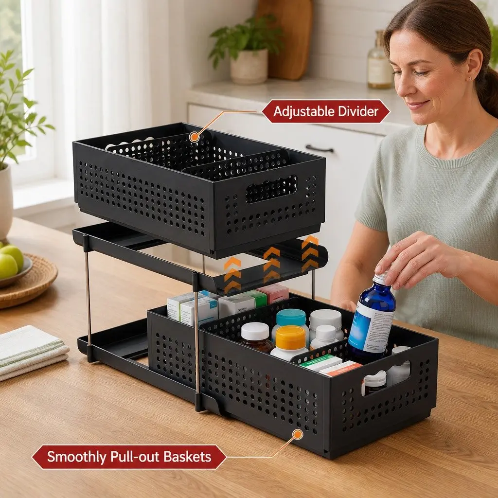 Under Sink Organizer Plastic 2 Tier 21cm Black