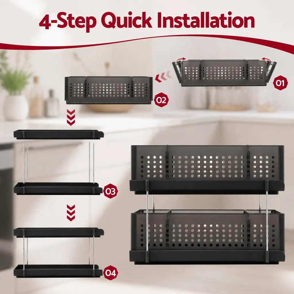 Under Sink Organizer Plastic 2 Tier 21cm Black